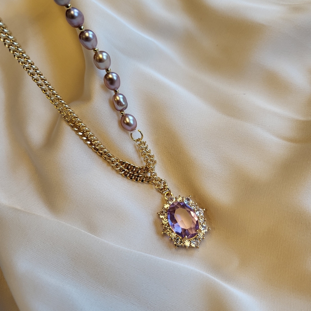 Handmade 14k gold plated lavender iridescent fresh water pearl & crystal pendant